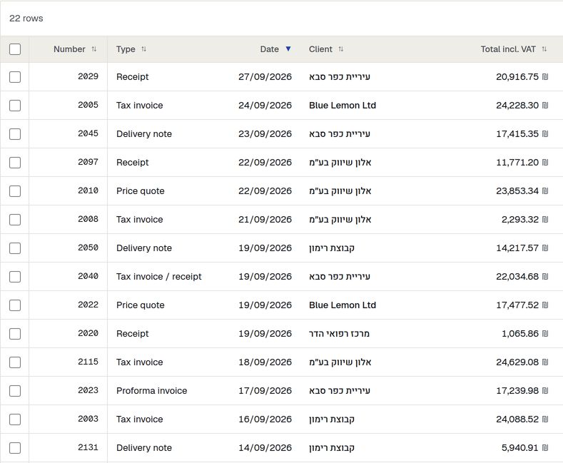 The documents table pulled from morning: number, type, date, client and amount.